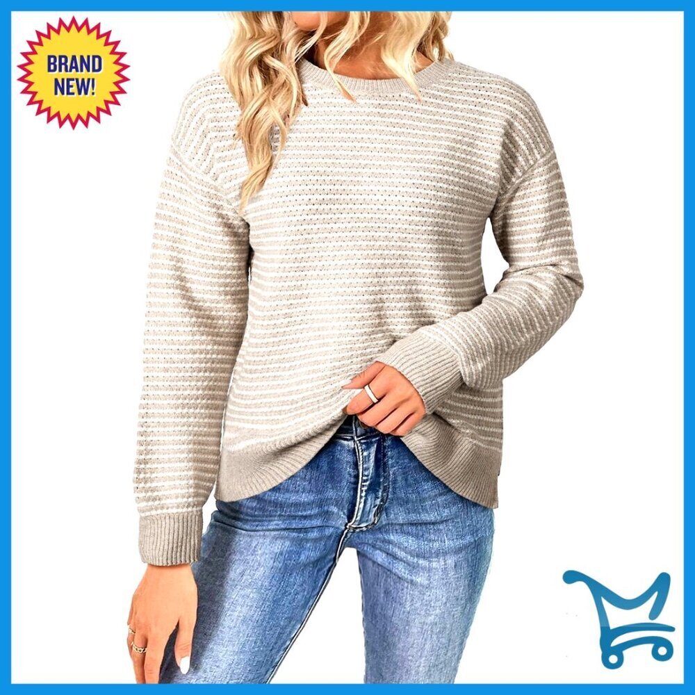 Long Sleeve Crewneck Striped Pullover Sweater Side Split Y2K Chic Casual